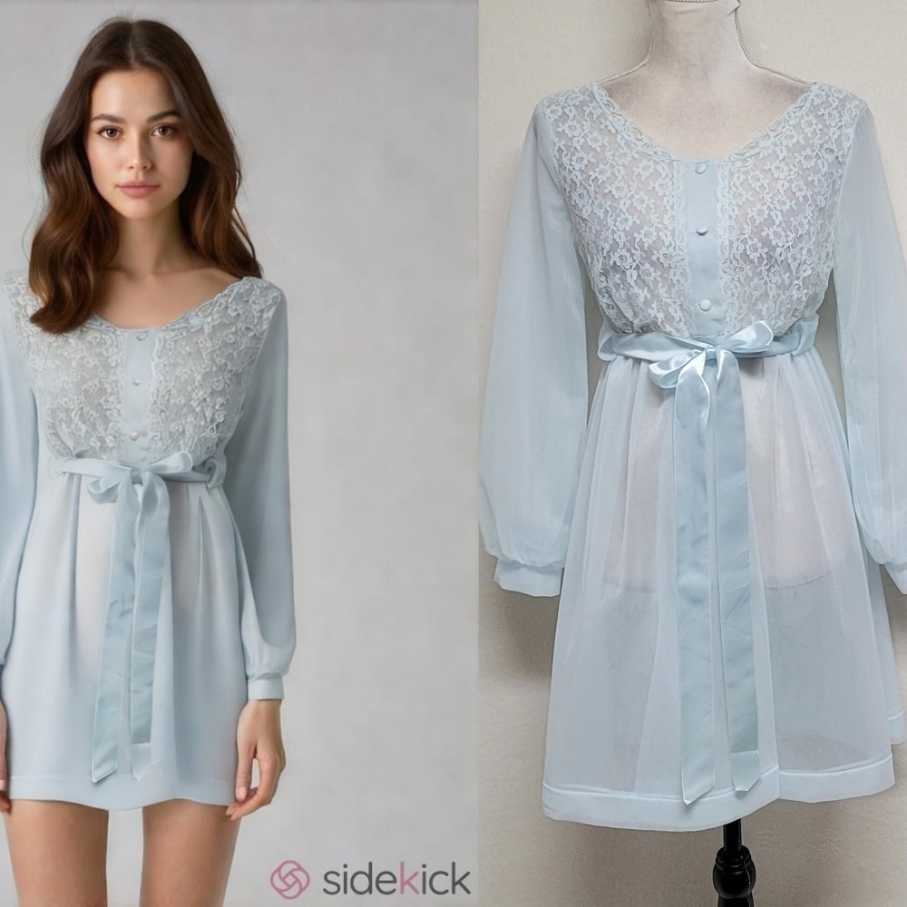50s Vintage Shadowline Baby Blue Double Chiffon Lace Long Sleeve Mini Robe S